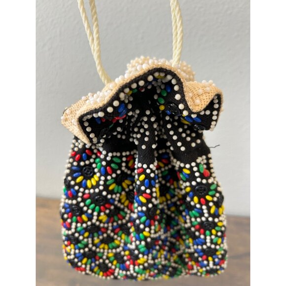 Vintage Multi Color Beaded Cinch Purse 70s - Picture 7 of 9